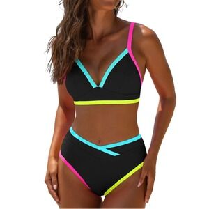 NWT Popvil Neon Trim High Waisted Colorblock Bikini XL